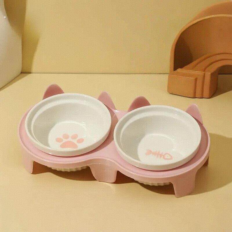 陶瓷猫碗猫咪陶瓷碗斜口饮水碗猫粮食盆猫咪喝水碗宠物专用双碗