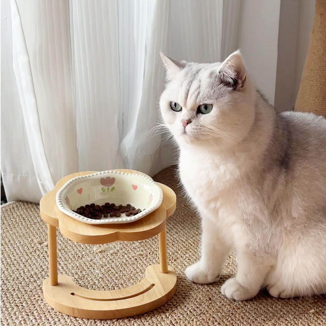 猫碗陶瓷高脚木架斜口保护颈椎狗碗狗食盆不易打翻宠物水碗增高架