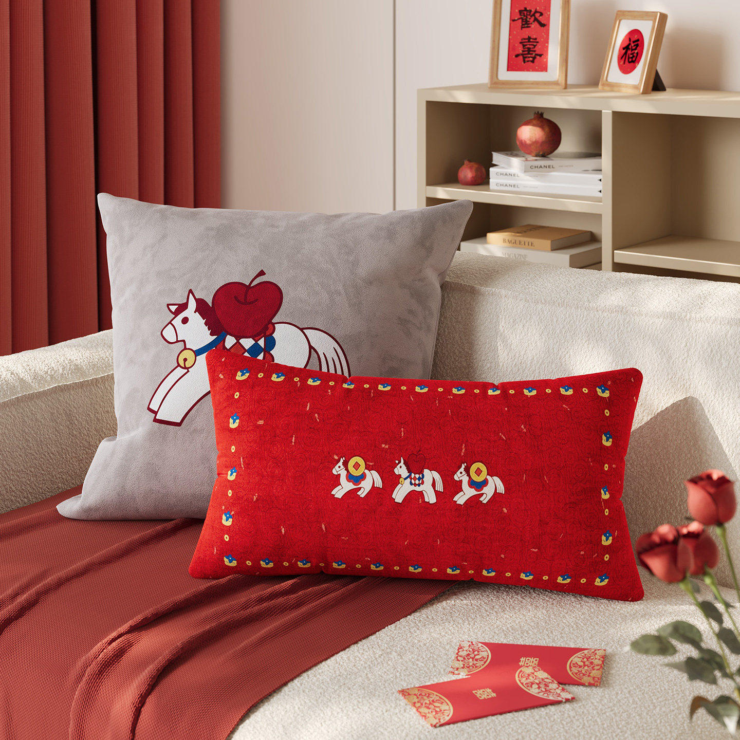 可爱小马抱枕套客厅沙发靠背含芯红色新年装饰卧室床上靠枕可拆洗,居家布艺,靠垫/抱枕,淘宝优惠券,粉丝福利购,淘宝优惠卷