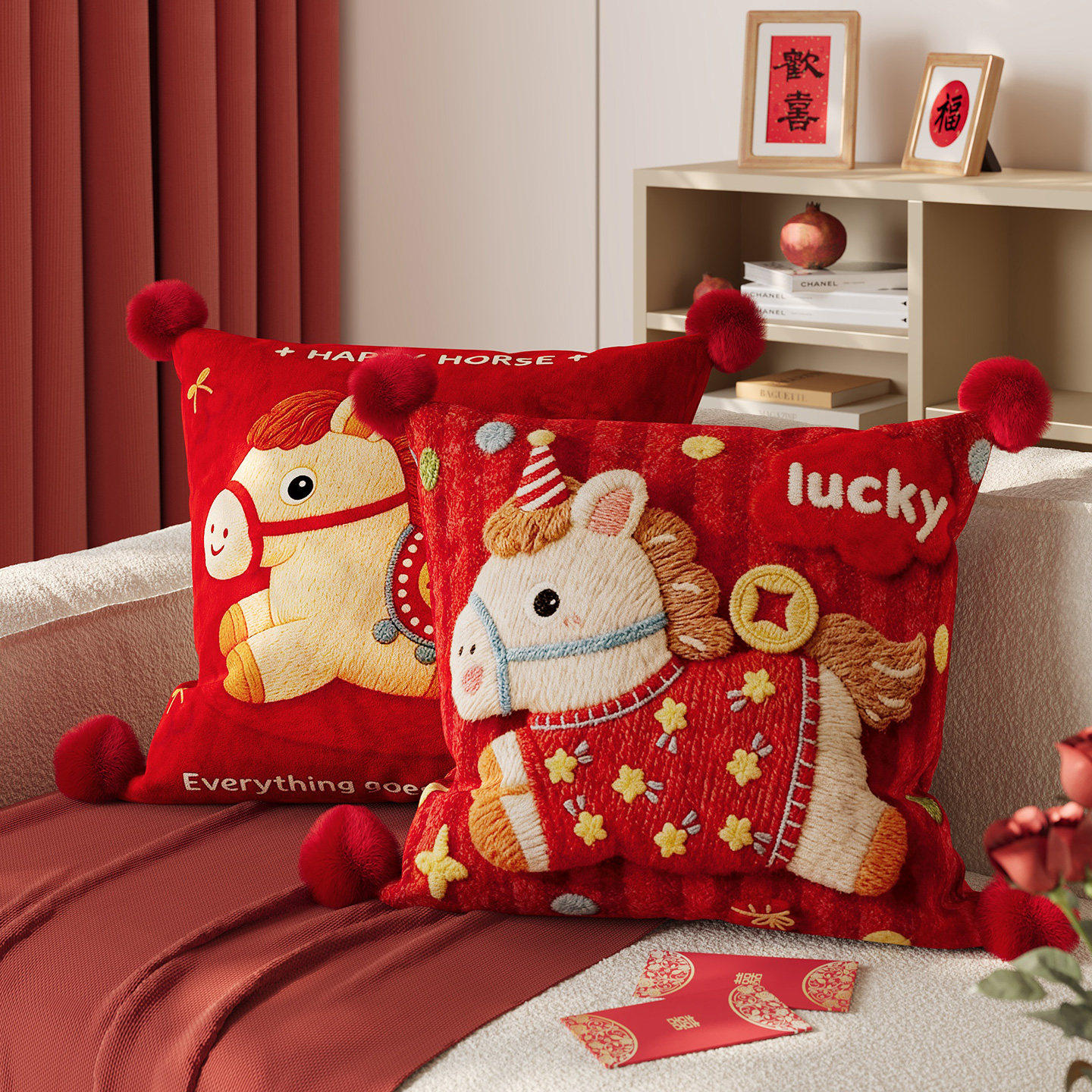 新年氛围感马年红色喜庆客厅沙发抱枕套办公室家用车载靠背垫腰枕,居家布艺,靠垫/抱枕,淘宝优惠券,粉丝福利购,淘宝优惠卷