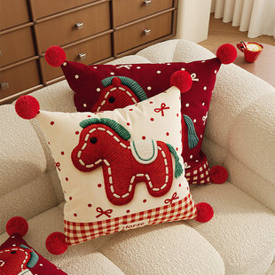 卡通小马客厅沙发抱枕床头靠垫红色含芯新年喜庆装饰床上飘窗腰靠