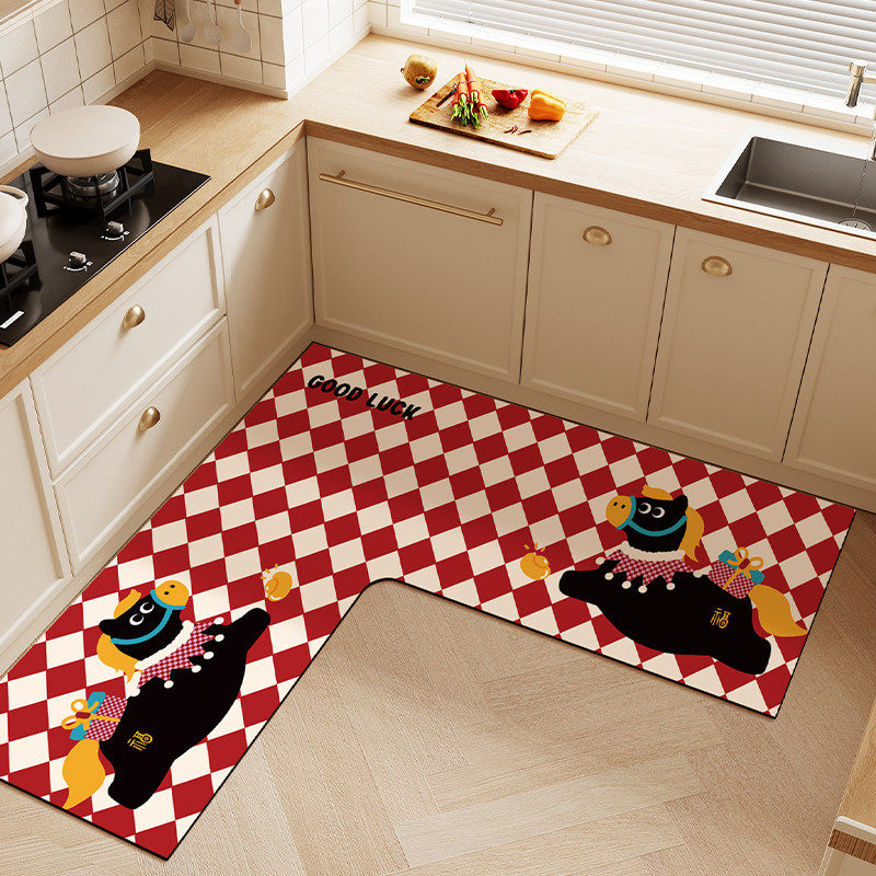 卡通L形厨房专用地垫红色新年吸水吸油防滑防油耐脏易打理脚垫子,居家布艺,厨房地垫,淘宝优惠券,粉丝福利购,淘宝优惠卷