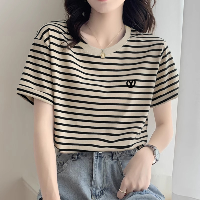 阿玛施2025新款正肩条纹纯棉短袖t恤女宽松休闲上衣打底衫夏季