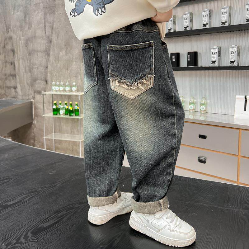 男童软牛仔裤春秋款炸街时髦中大童秋冬加绒2024新款儿童秋装裤子