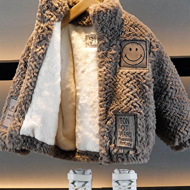 儿童毛毛衣男童加绒加厚外套2024新款洋气痞帅宝宝冬季棉衣保暖潮