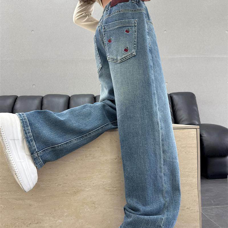 女童裤子秋外穿2025新款初中生牛仔裤儿童女孩大童秋装直筒阔腿裤