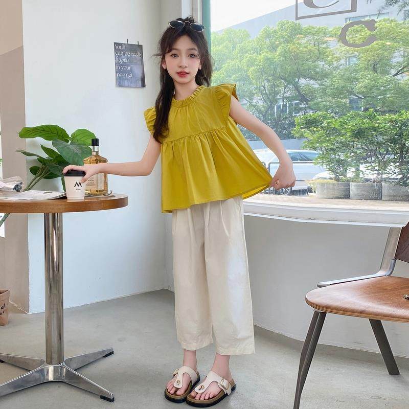 女童夏天套装夏季新款纯棉飞袖娃娃衫休闲阔腿裤中大童夏装两件套