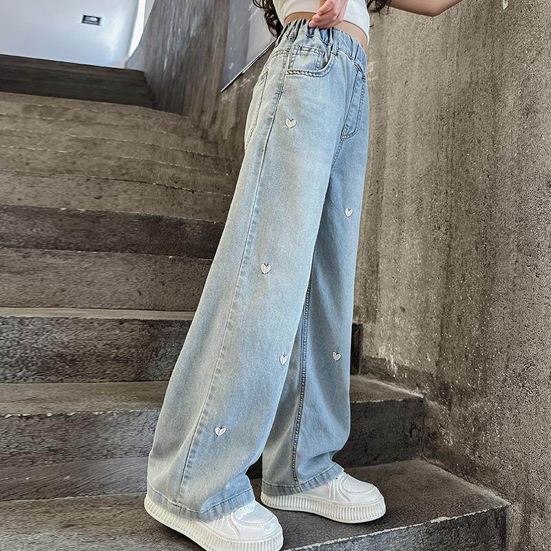 女童裤子夏季2025新款大童洋气休闲阔腿裤儿童直筒牛仔裤春秋长裤