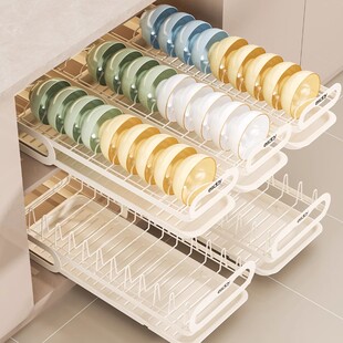 厨房抽拉碗碟收纳架橱柜内碗架抽屉式拉篮沥水架碗盘置物架碗碟架
