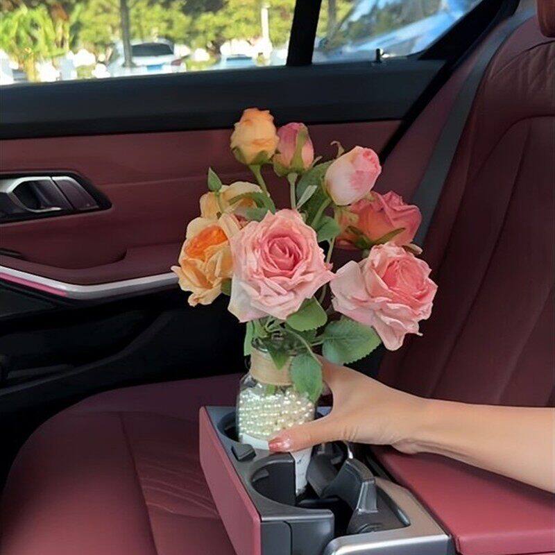 汽车载玫瑰花束摆件中控台扶手箱水杯位装饰高级七夕接女友氛围感