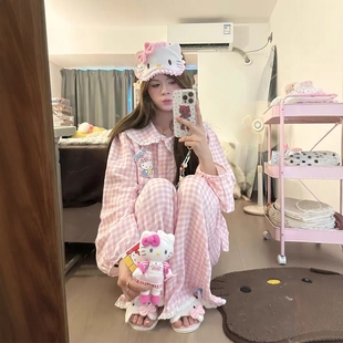 2025新款可爱格子hellokitty睡衣女春秋季夏天云朵棉长袖甜美套装