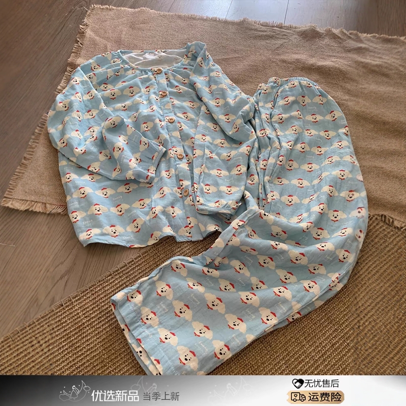 可爱小狗印花长袖睡衣春秋女款宽