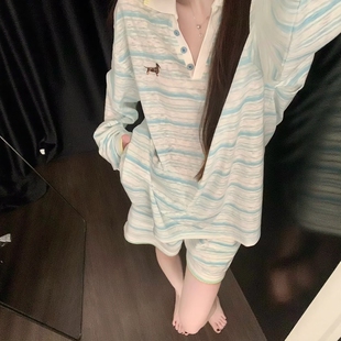 2026新款小清新条纹小狗睡衣女夏季长袖短裤家居服春秋天可外穿薄