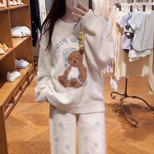 奶呼呼小熊半边绒睡衣女士2025新款珊瑚绒加绒加厚家居服冬天保暖