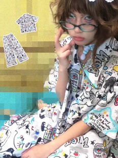 新款 卡通涂鸦印花短袖 套装 韩版 家居服大码 翻领开衫 睡衣女夏季 长裤
