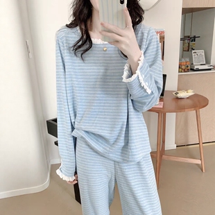 条纹睡衣女款秋冬季高级感加厚保暖毛巾绒薄绒长袖蕾丝家居服套装