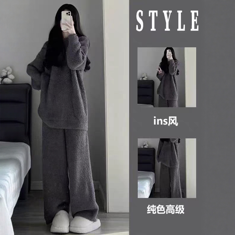 半边绒加厚睡衣女款冬季保暖加绒