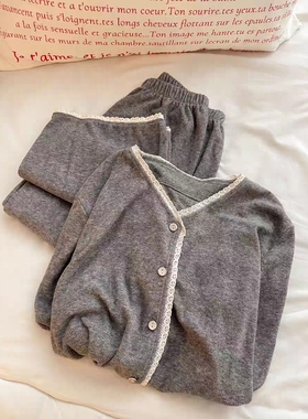 Sin Glee 少女简约风花边纯棉睡衣女秋季亲肤舒适长袖长裤家居服