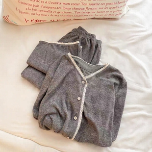 长裤 Sin 亲肤舒适长袖 少女简约风花边纯棉睡衣女秋季 家居服 Glee