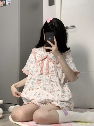 原创！蛋糕兔睡衣夏季娃娃领短袖短裤少女可爱卡通软妹家居服套装