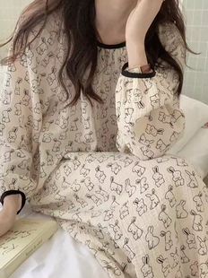 睡裙女春秋季日系ins可爱卡通兔子简约圆领束口长款纯棉纱布长裙