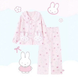 miffy米菲兔法兰绒加绒加厚冬季娃娃领睡衣女可爱卡通少女风粉色
