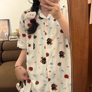 卡通可爱条纹网红家居服 pingu企鹅睡衣女夏纯棉短袖 短裤 薄款 套装