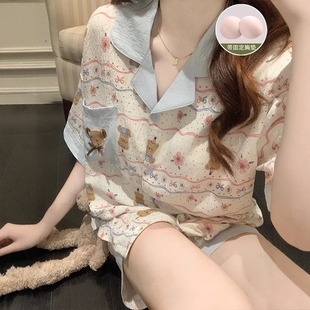 短裤 韩版 卡通可爱小熊短袖 家居服套装 2025新款 带胸垫睡衣女款 夏季