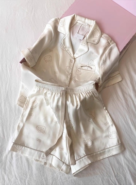 可爱Hello Kitty印花冰丝缎面睡衣女夏季舒适短袖短裤家居服套装