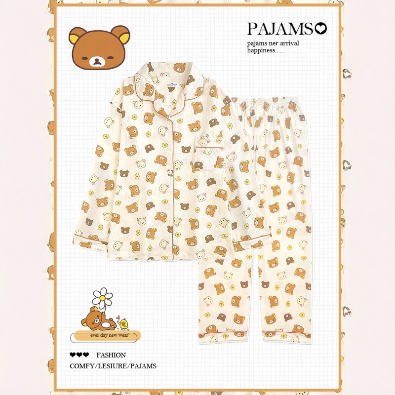 日系轻松熊纱布睡衣女春秋款长袖