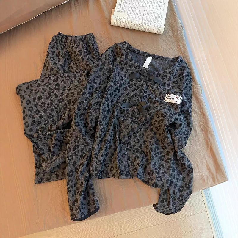 韩系慵懒风豹纹德绒睡衣女秋冬
