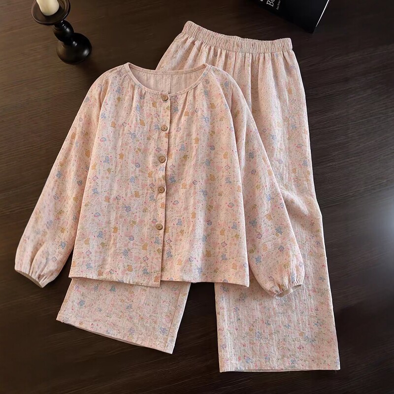 睡衣女春秋季带胸垫长袖韩系碎花云朵棉可外穿2026新款家居服套装