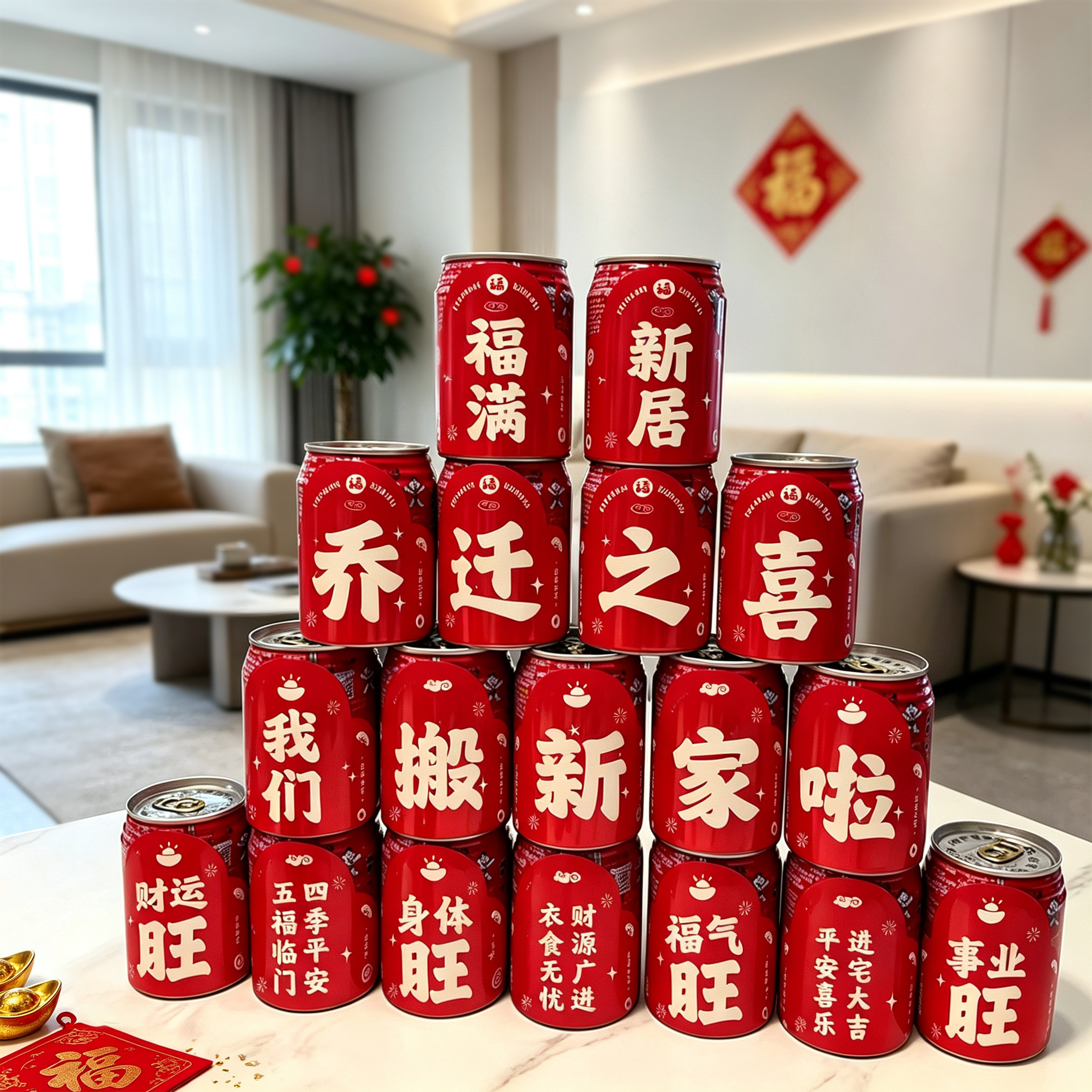 乔迁之喜可乐旺仔贴纸新居入宅仪式用品布置新家易拉罐装饰喜字贴