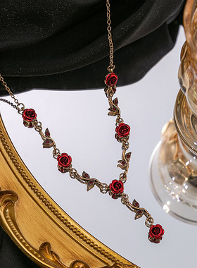 法式少女森系玫瑰耳环 复古浪漫红色花朵手链小众设计感项链套装