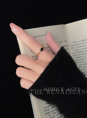 vintage中古风镀14K黑色滴油复古文艺戒指港风轻奢开口可调节指戒