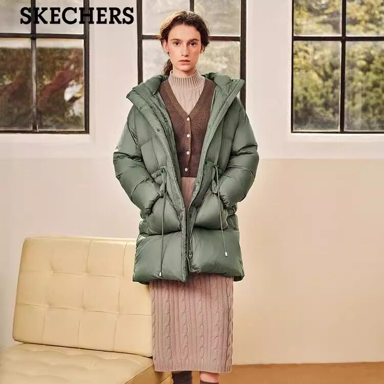 Skechers斯凯奇女款秋冬连帽舒适保暖中长款羽绒梭织外套L424W165