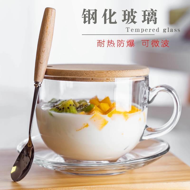 钢化玻璃杯耐热高温防摔大容量带盖勺早餐杯子家用大肚水杯可微波