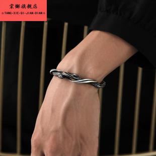 男士手镯高级感复古做旧浮木潮流个性手环时尚手链冷淡风实心镯子