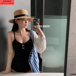 韩系少女ins博主同款 纯色简约性感度假连体泳衣显瘦遮肉小胸