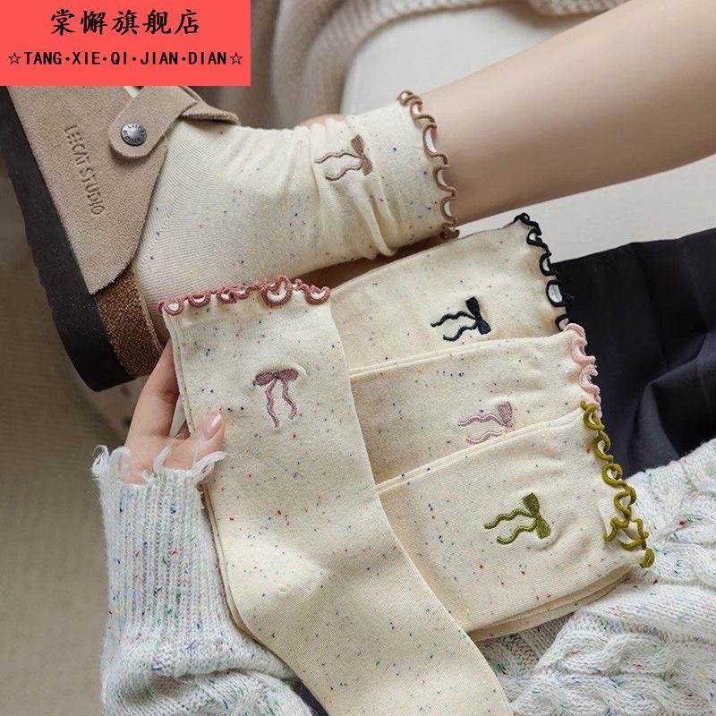女款秋冬波点堆堆袜蝴蝶结ins女袜点子纱木耳边刺绣少女中筒袜子