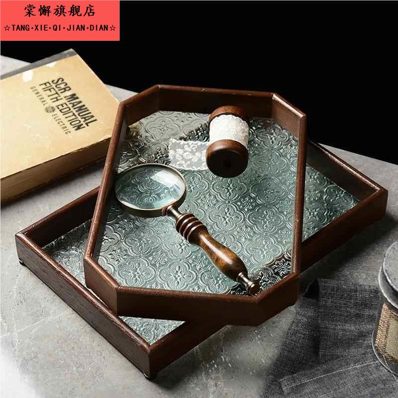 海棠压花玻璃托盘胡桃色长方形茶盘收纳摆件茶水杯子水果点心盘