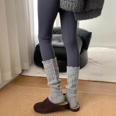 灰色毛线袜子女秋冬小腿袜堆堆配鲨鱼裤的袜子加厚保暖镂空长筒袜