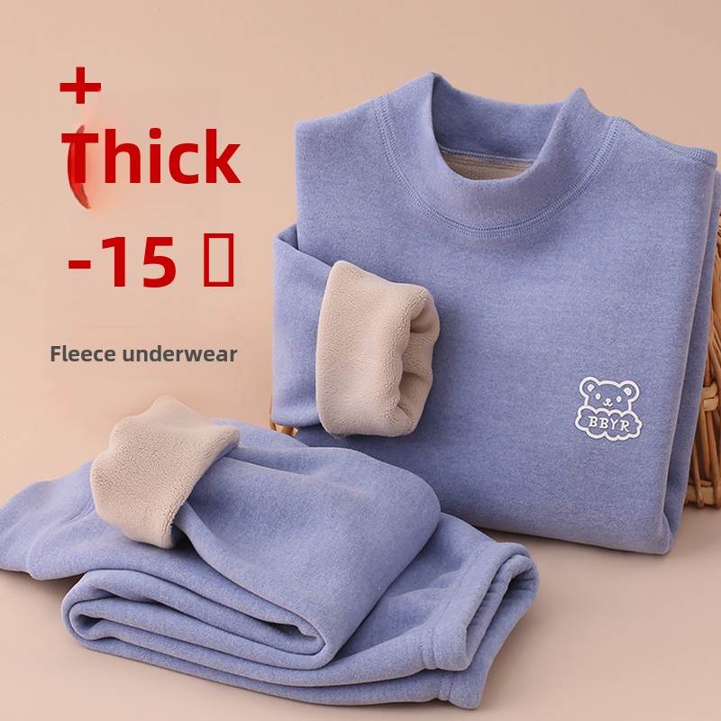男孩冬季儿童保暖内衣2025新款女孩男孩秋装及羊毛衬里加厚套装