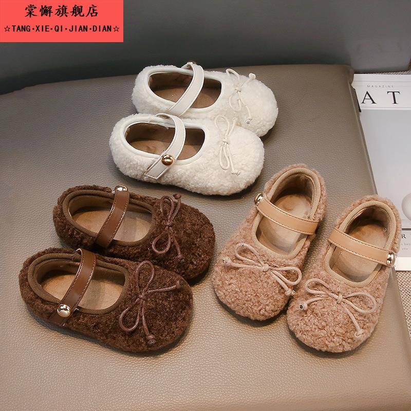 女宝宝棉鞋冬季蝴蝶结公主鞋2025新款保暖毛毛鞋加绒儿童豆豆鞋
