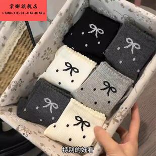 蝴蝶结袜子女春秋中筒纯棉灰色日系可爱波点花边初中女生秋冬新款
