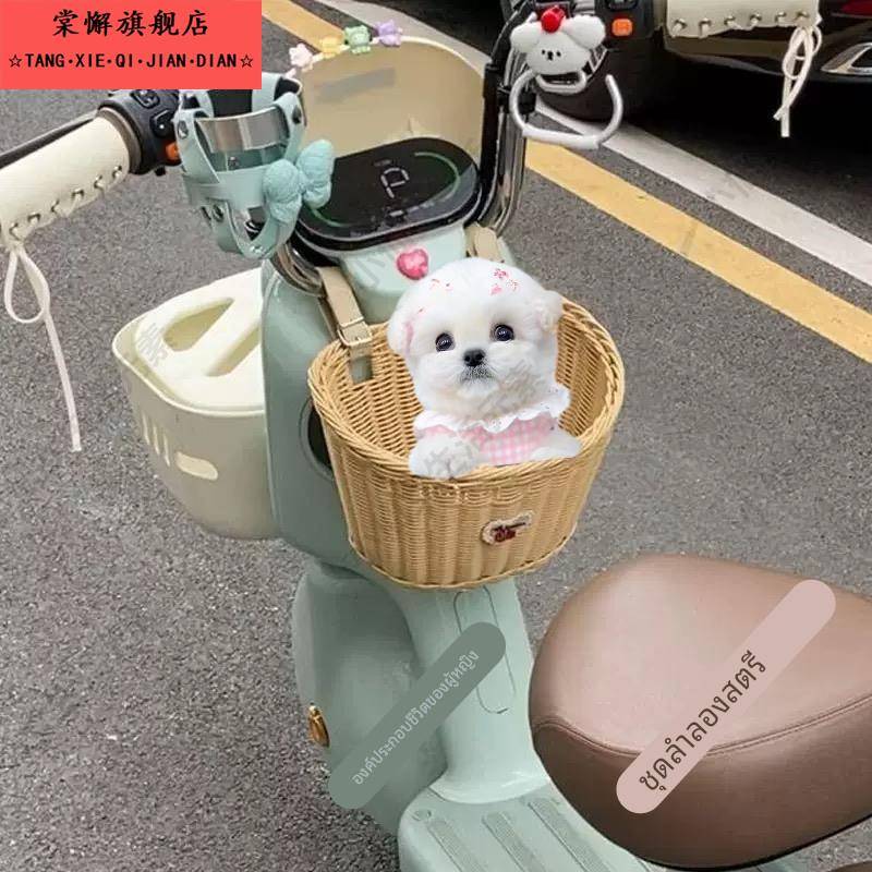 电动车带狗狗神器幼犬比熊踏板前置车筐茶杯犬外出防掉藤编篮座椅