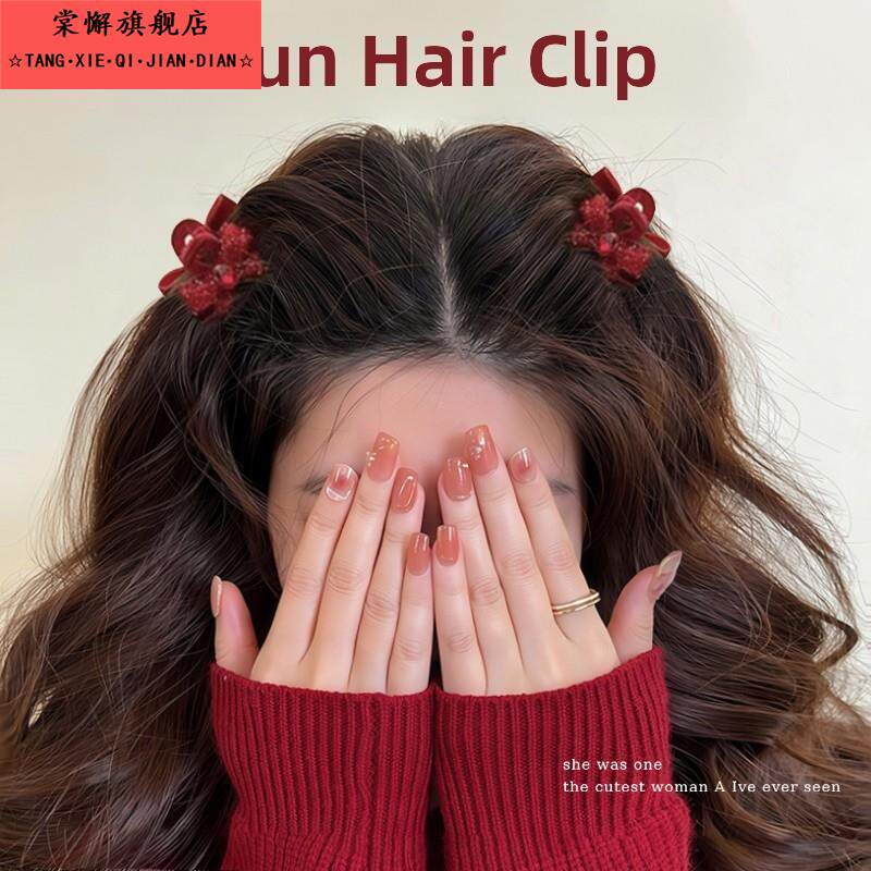 公主头抓夹刘海侧边满钻红色蝴蝶结发夹前额碎发小夹子新年发饰女
