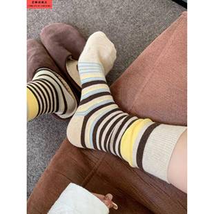 韩版覆古森系美拉德撞色条纹中筒袜子女透气秋冬勃肯鞋双针堆堆袜