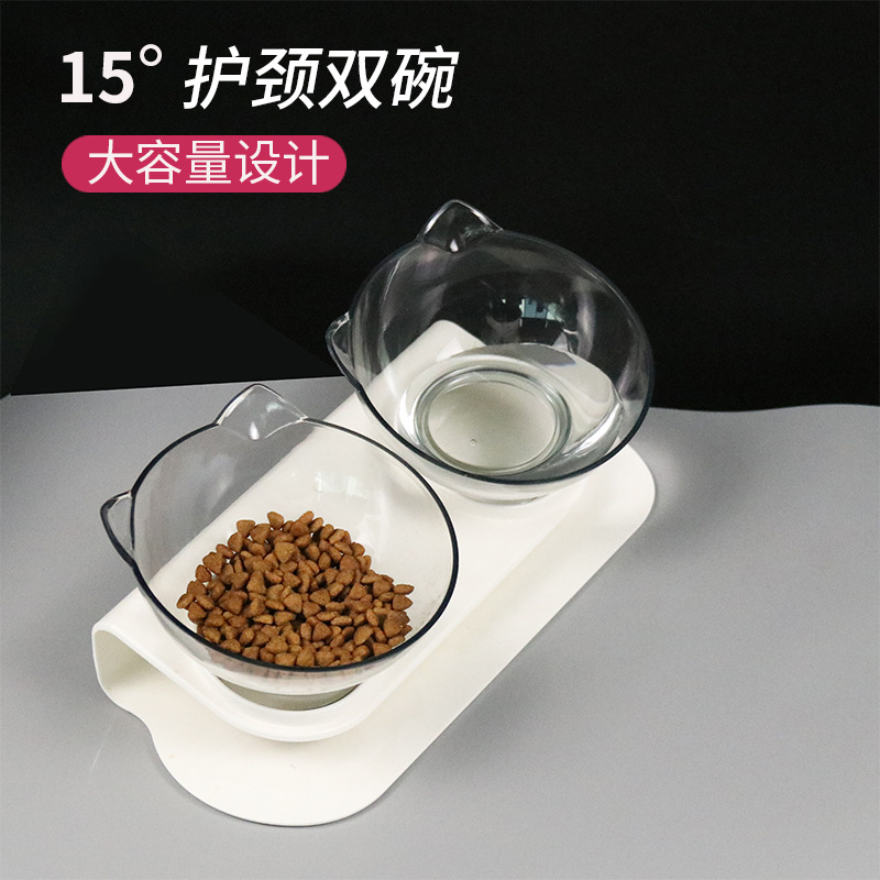 ​​厂家直供网红可调节护颈双碗倾斜式透明塑料猫脸猫碗宠物用品