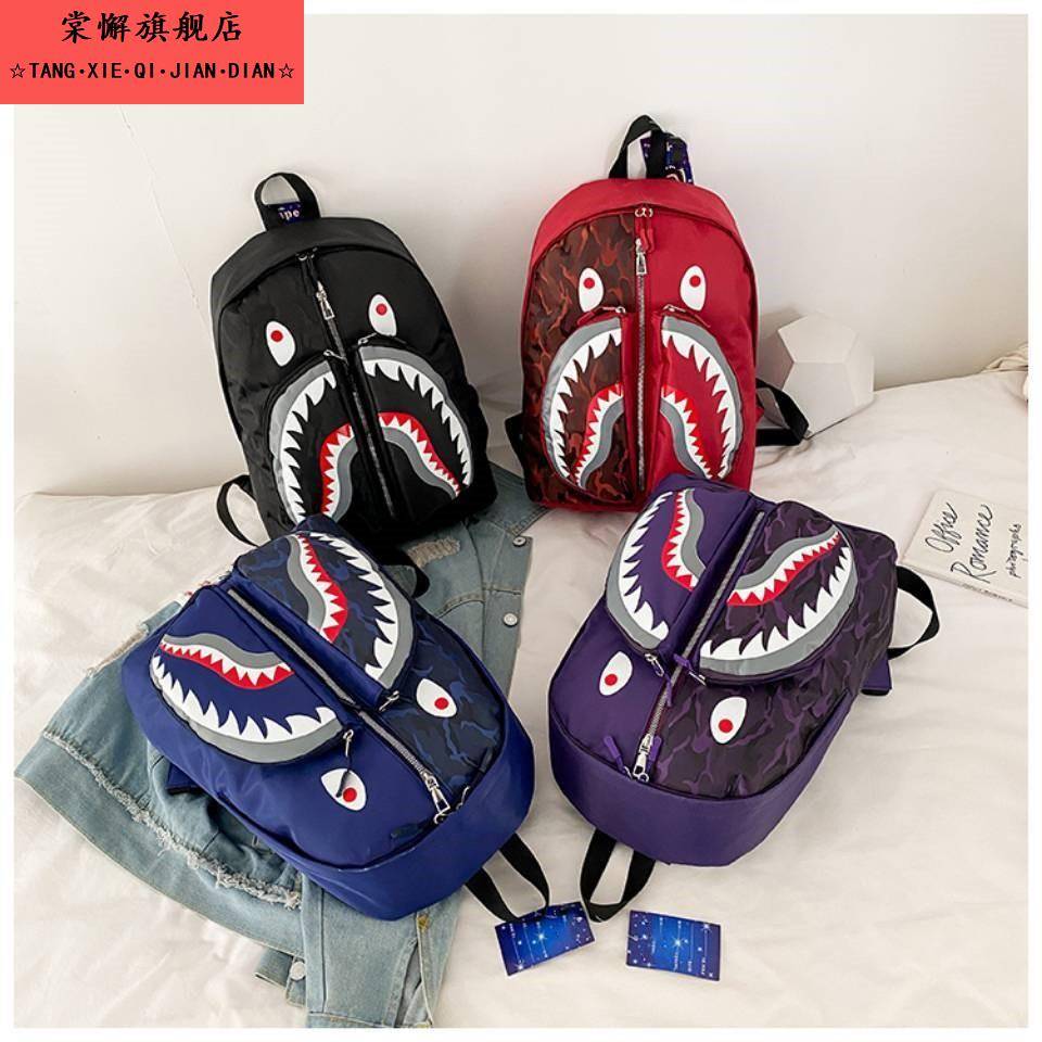2024新款鲨鱼书包欧美个性涂鸦学生双肩背包男女款时尚潮流双肩包